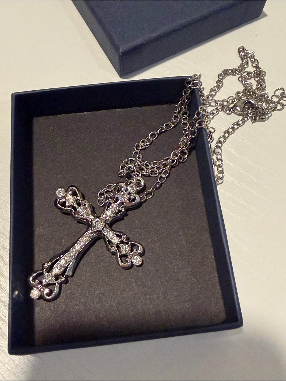 Silver Clear Crystal Rhinestone Cross Pendant Necklace